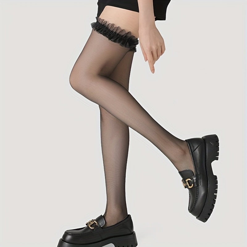 Sheer Mesh Thigh High Stockings Ruffle Over The Knee Socks