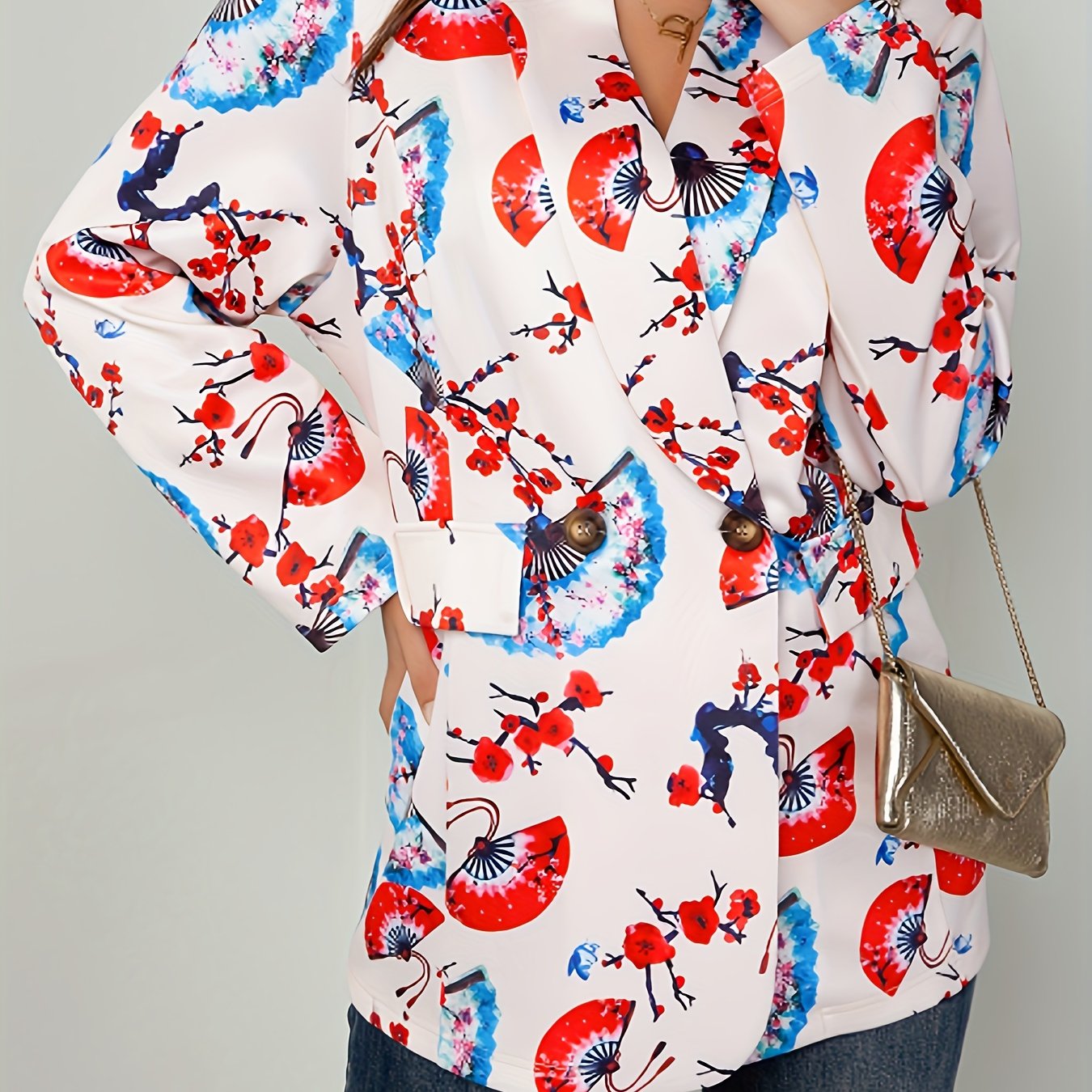  Plum Flower & Fan Print Loose Fit Blazer