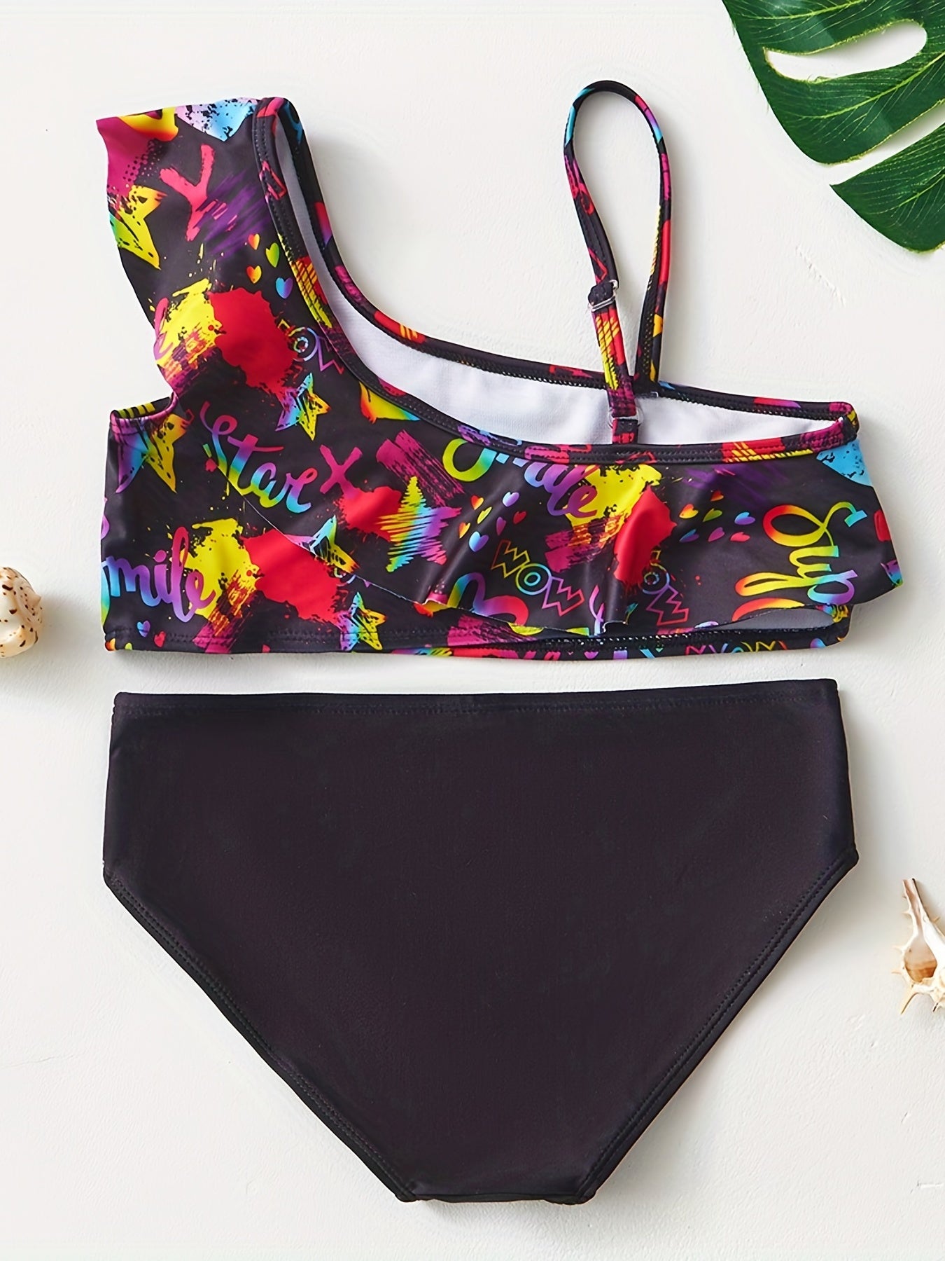 2pcs Graffiti Graphic Tankini Swimsuit Set for Girls - Summer Beach Pool Parties