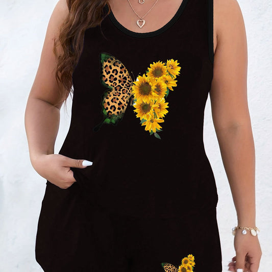  Sunflower & Leopard Butterfly Print Tank Top & Shorts Set
