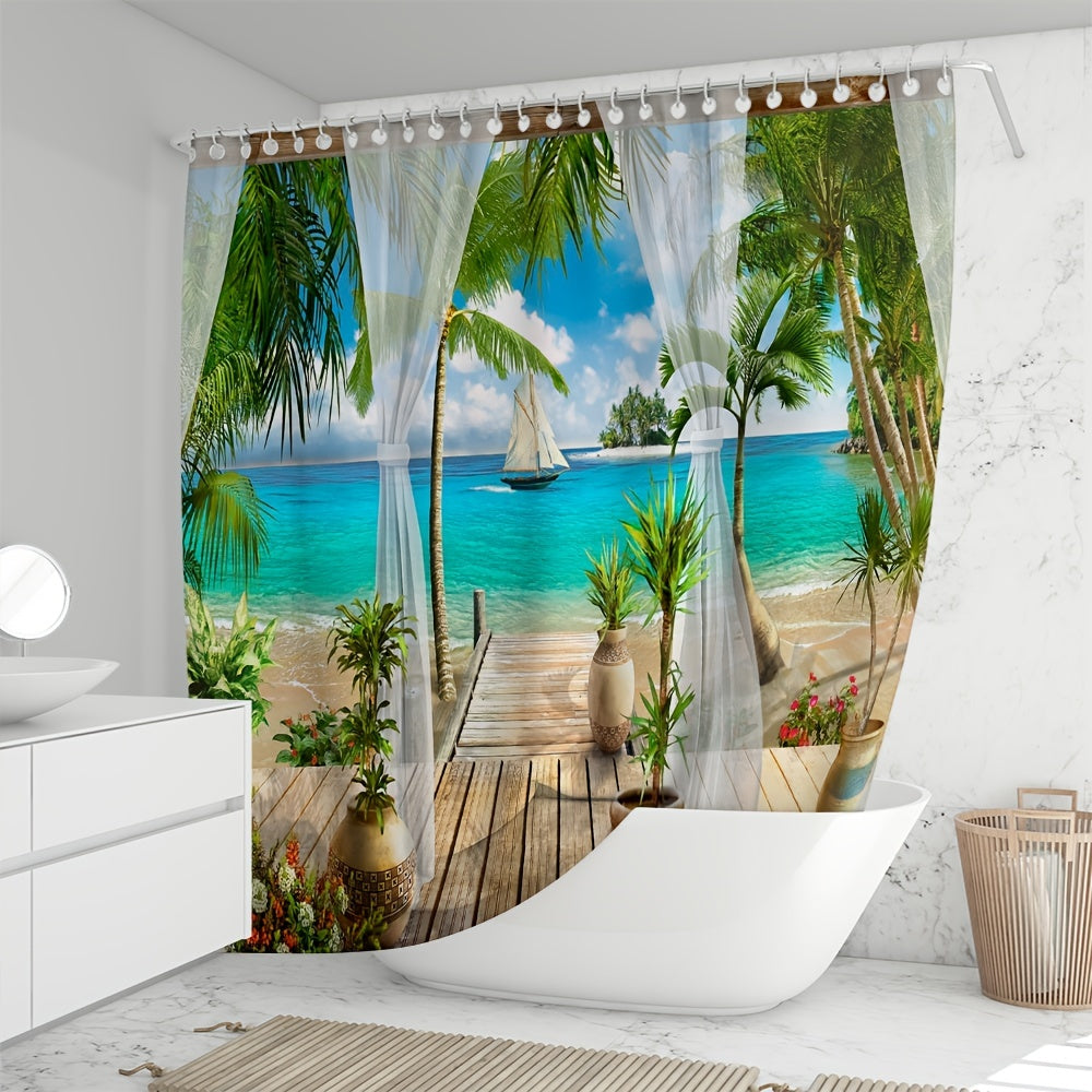 Seaside Landscape Shower Curtain with Coconut Tree Illustration