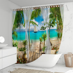 Seaside Landscape Shower Curtain with Coconut Tree Illustration