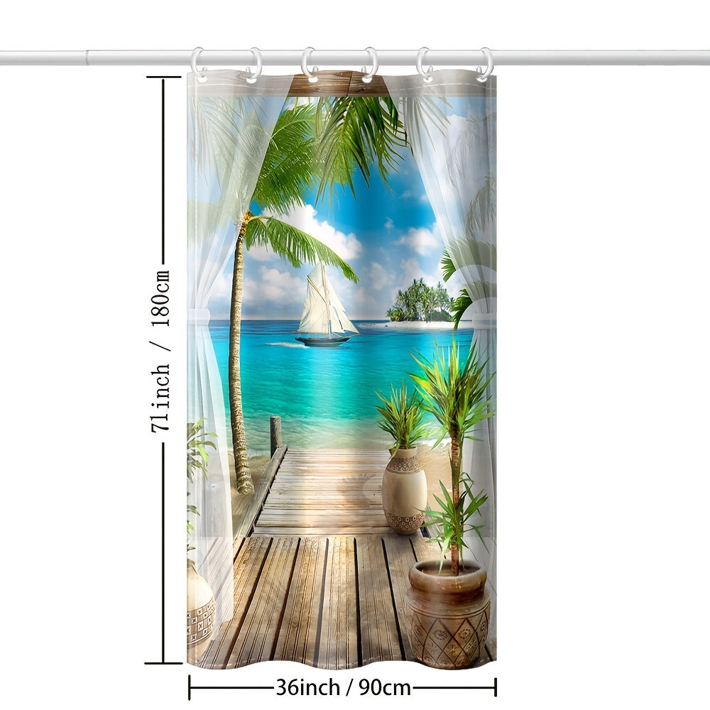 Seaside Landscape Shower Curtain with Coconut Tree Illustration