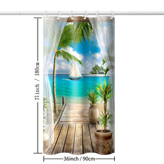 Seaside Landscape Shower Curtain with Coconut Tree Illustration