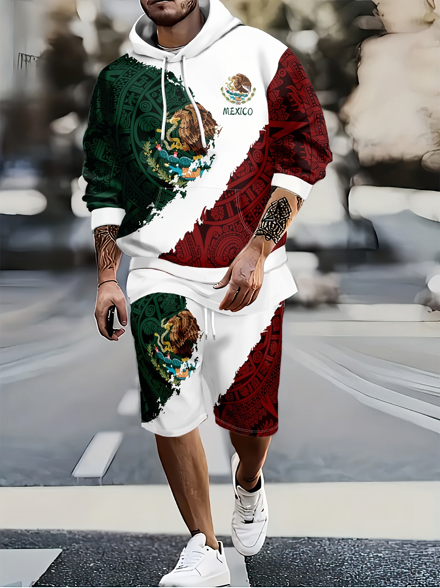 Mexico Rooster Print Men's Casual Hoodie & Shorts Set