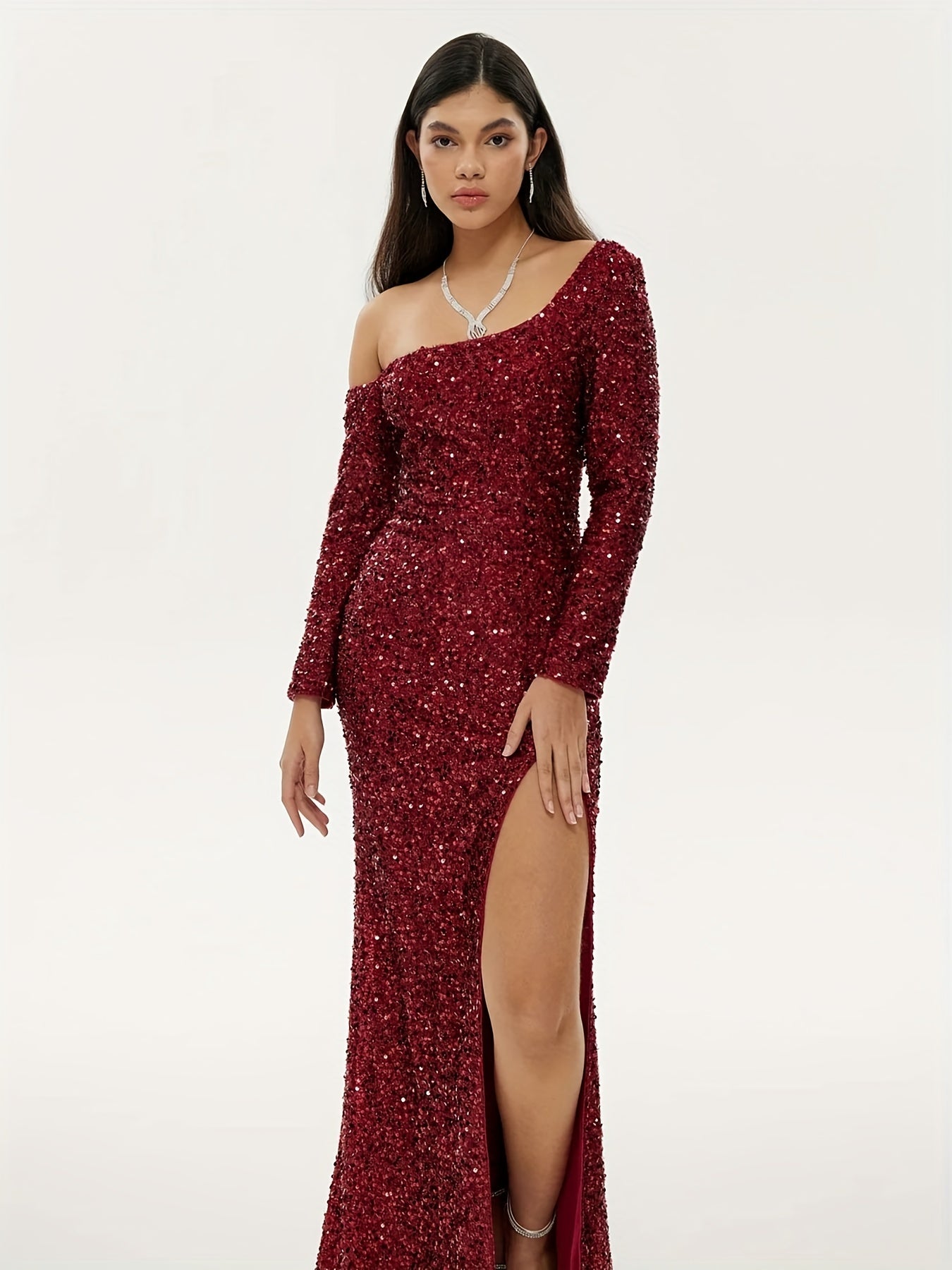 Glitter Sequined Split Dress For Wedding Party