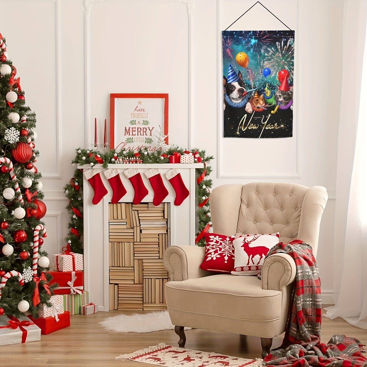 Christmas Happy Year Fireworks Party Dog Bird Cat Garden Flag