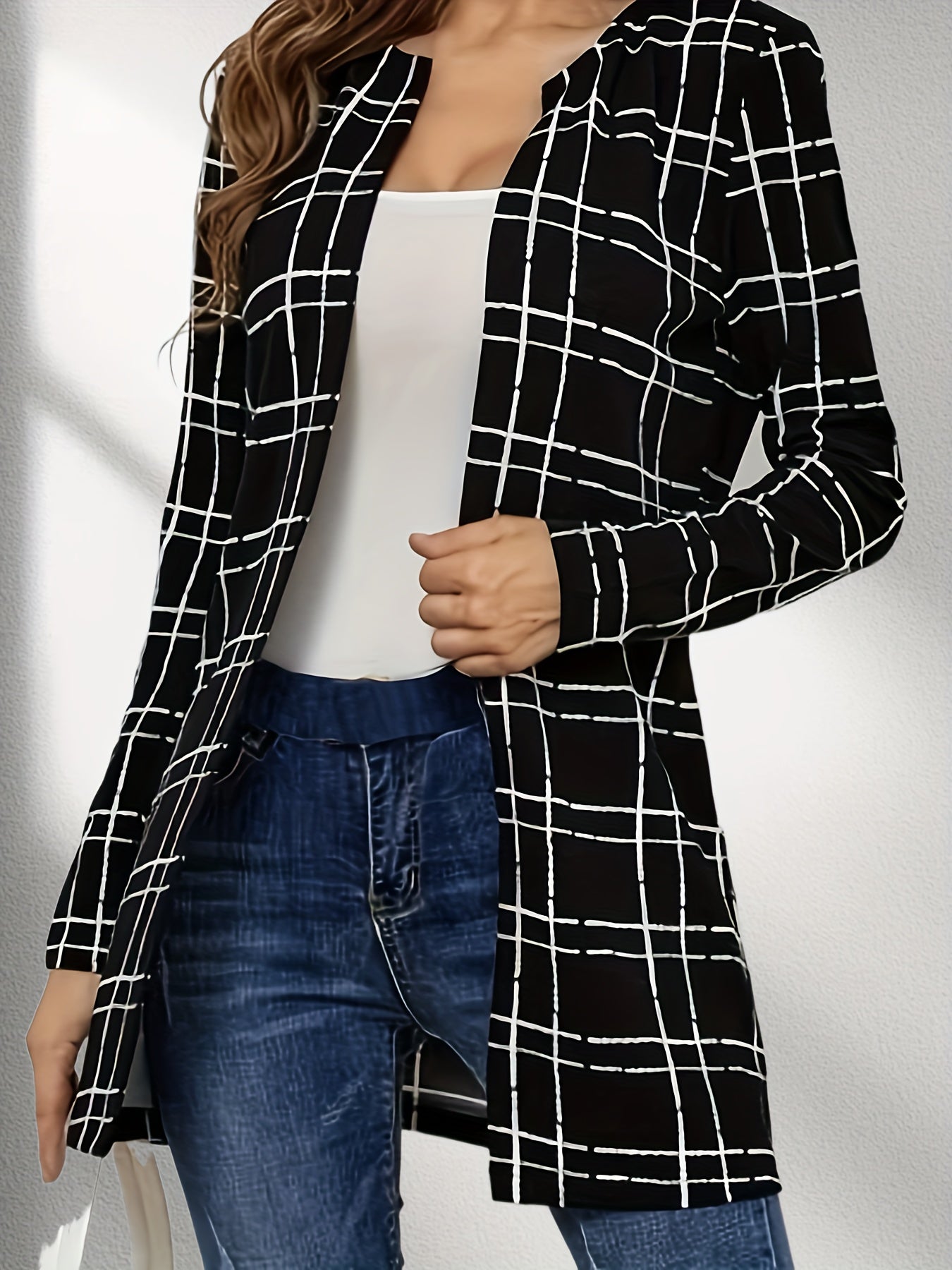 Windowpane Long Length Jacket Casual Open Front