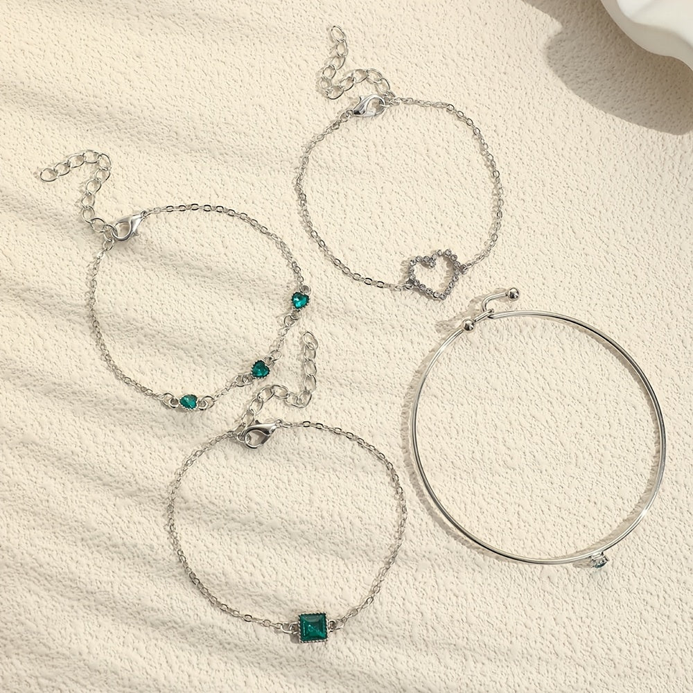4 Pcs Hollow Chain Bracelet Set Heart Shape Gems Bangle Adjustable Jewelry
