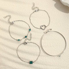 4 Pcs Hollow Chain Bracelet Set Heart Shape Gems Bangle Adjustable Jewelry