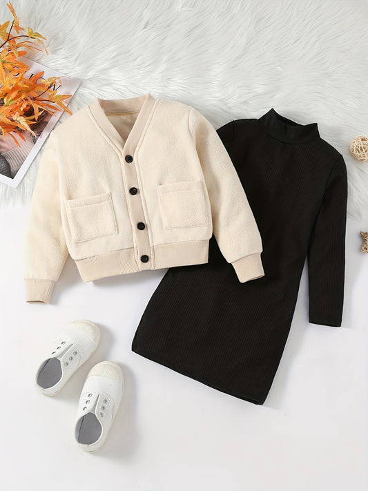Girls Style Suit V Neck Coat With Pockets Plus Knitted Dress