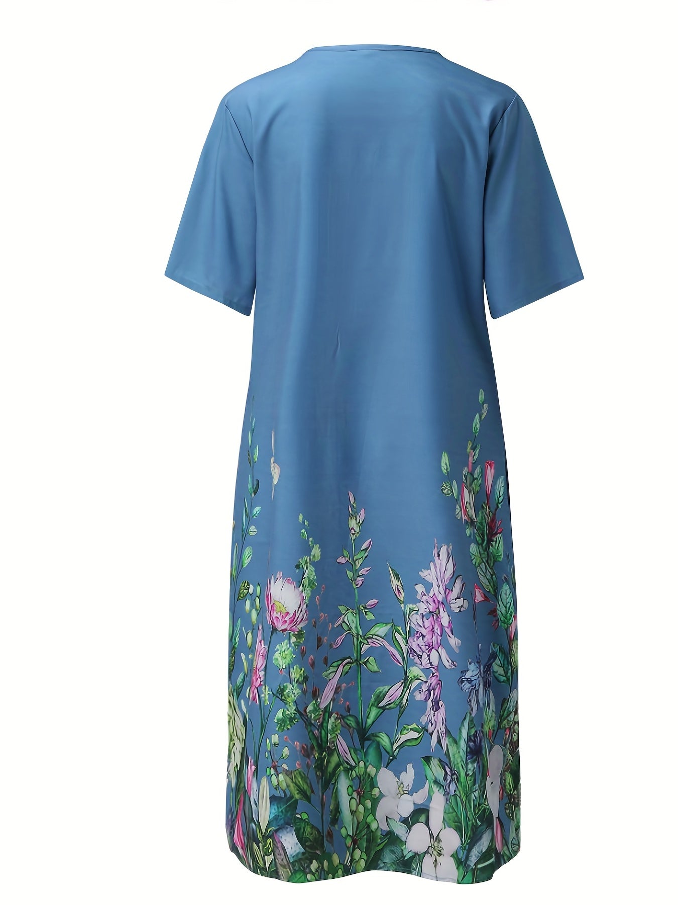 Floral Print Pleated Front Dress Short Sleeve Dual Pockets