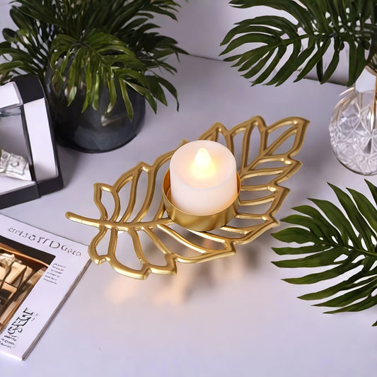 Golden Iron Leaf Candle Holder for Home Decor