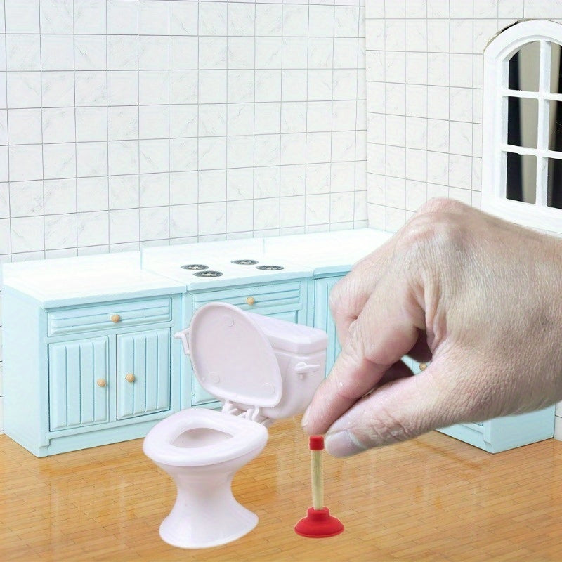 Dollhouse Toilet and Plunger Model Set Small Decor