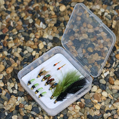 12pcs Hand Tied Fly Fishing Flies Assortment with Fly Box Dry Wet Scud Nymph