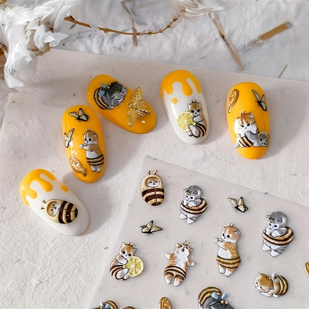 1pc 5D Embossed Bee Cat Nail Sticker Decal Nail Art Relief Manicure Accessories