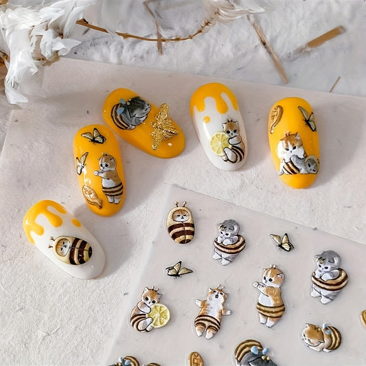 1pc 5D Embossed Bee Cat Nail Sticker Decal Nail Art Relief Manicure Accessories