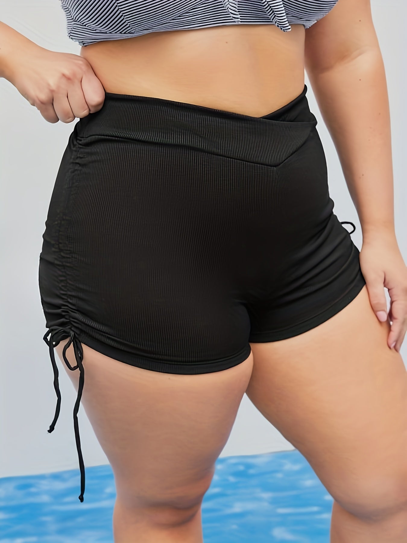  High Rise Side Tie Ruched Skinny Shorts