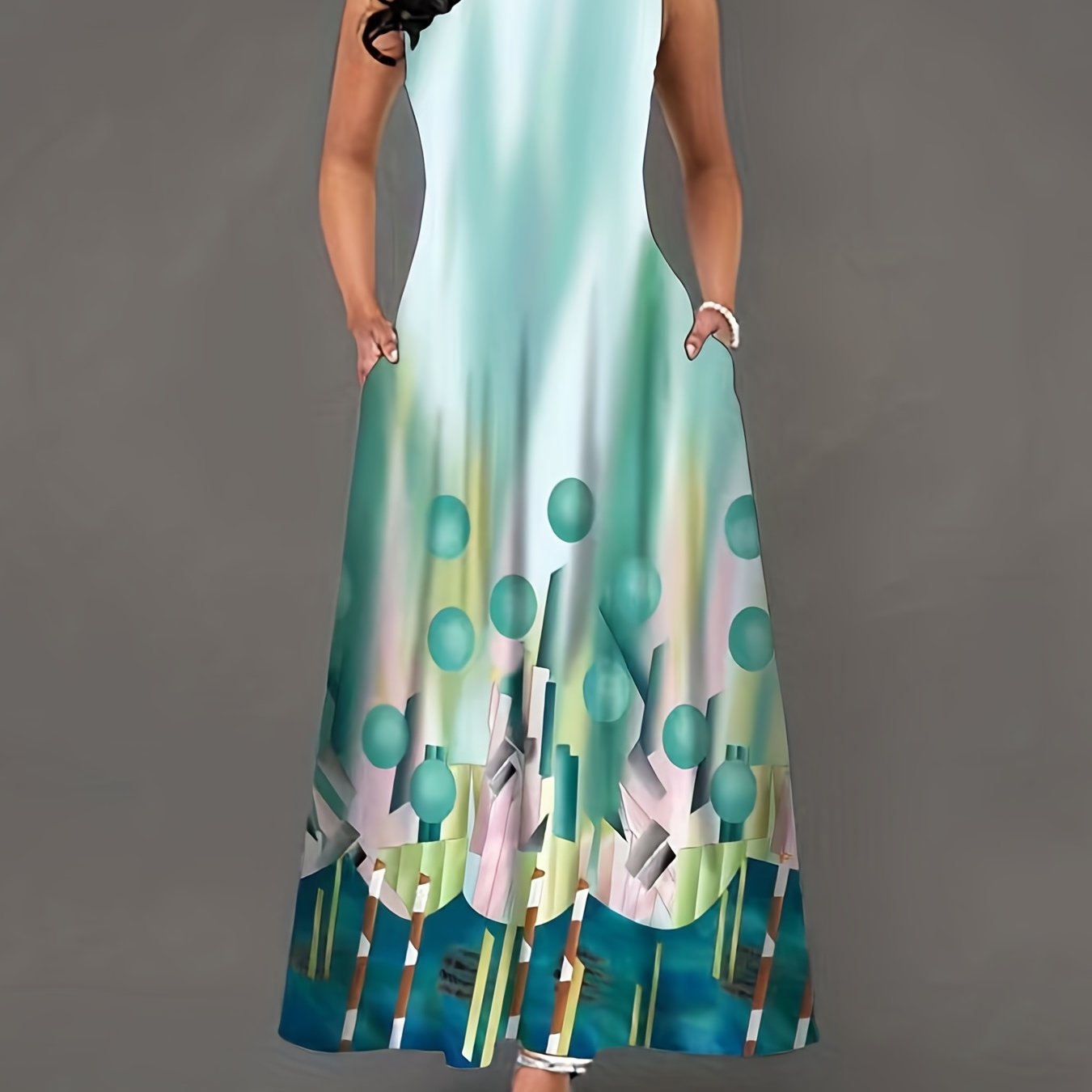  Geometric Print Round Neck Maxi Tank Dress With Pockets