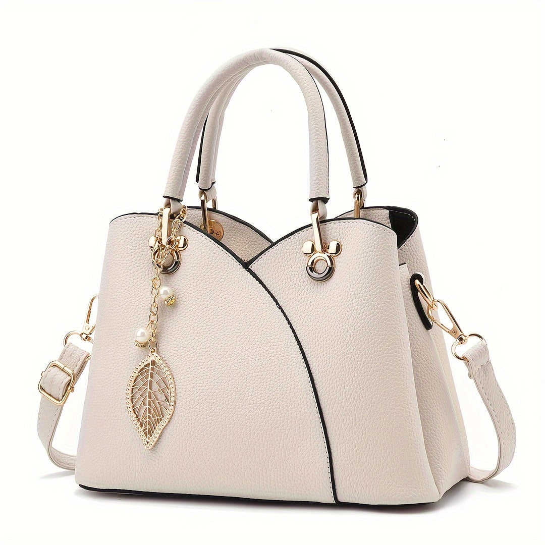 Textured Solid Handbag with Detachable Leaf Pendant