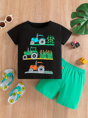 Boys Tractors Print T-shirt & Shorts Summer Outfit