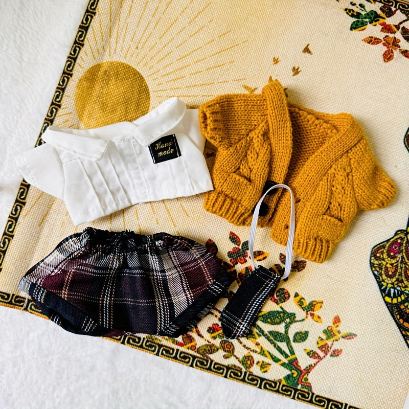 Plush Doll Preppy Style Plaid Clothes Set