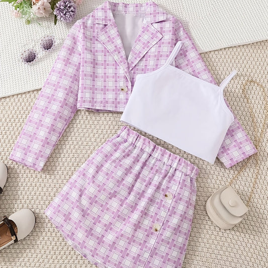 Toddler Girls Plaid 3pcs Set Coat Vest Skirt Kids Clothing