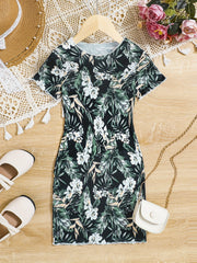 Girls Flowers Print Slim Dress Kids Summer Clothes
