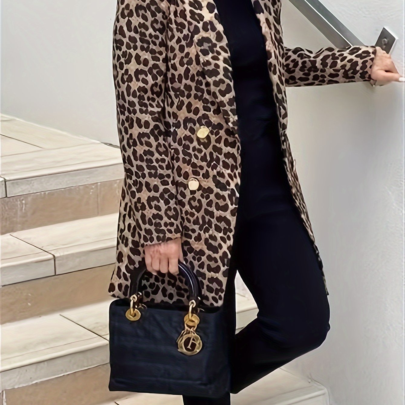  Leopard Print Long Sleeve Lapel Collar Blazer