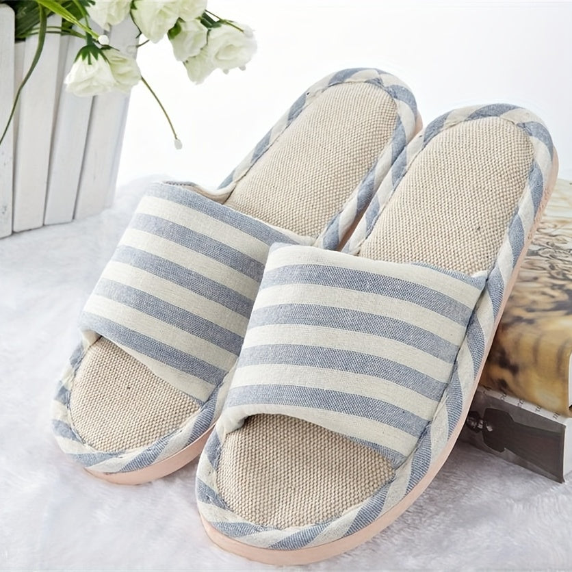 Men's Linen Striped Slides Lightweight Slippers for Indoor Outdoor Beach