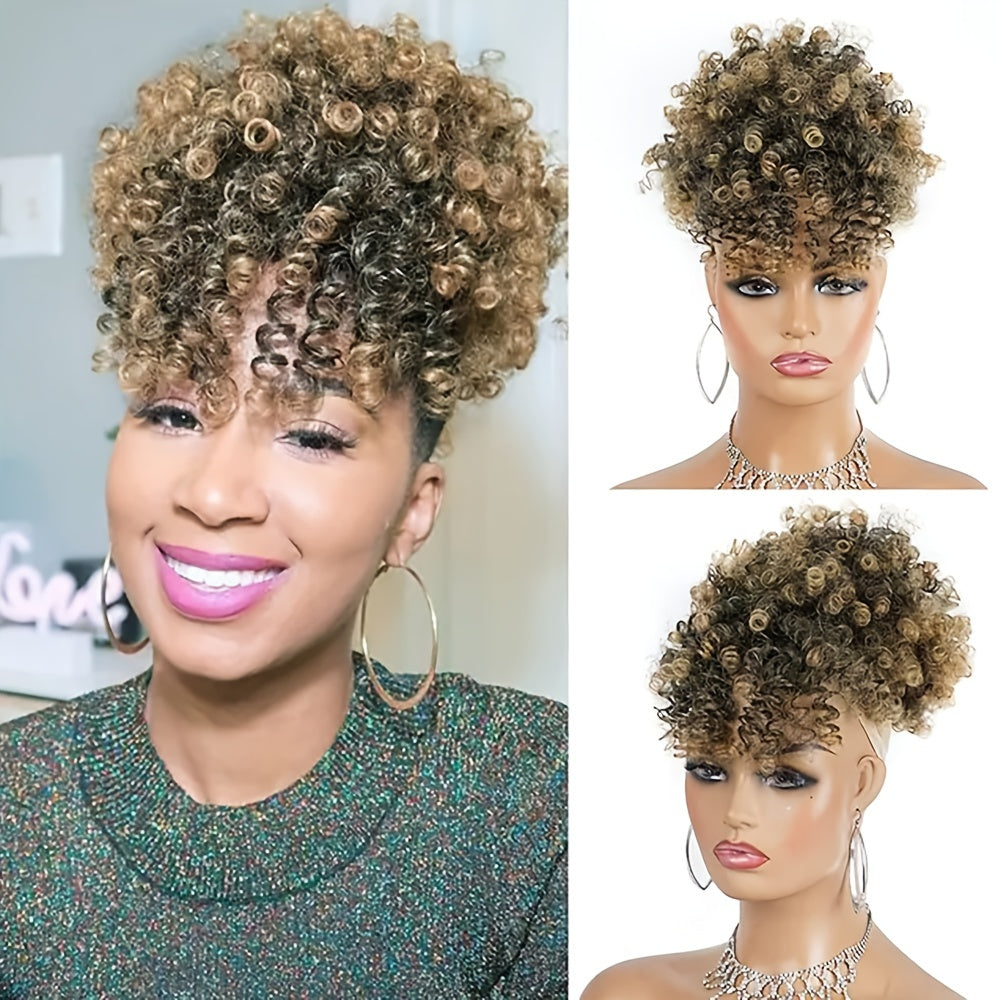 Kinky Curly Hair Afro Puff Ponytail with Bangs