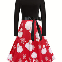  Santa Claus & Snowflake Print A line Dress