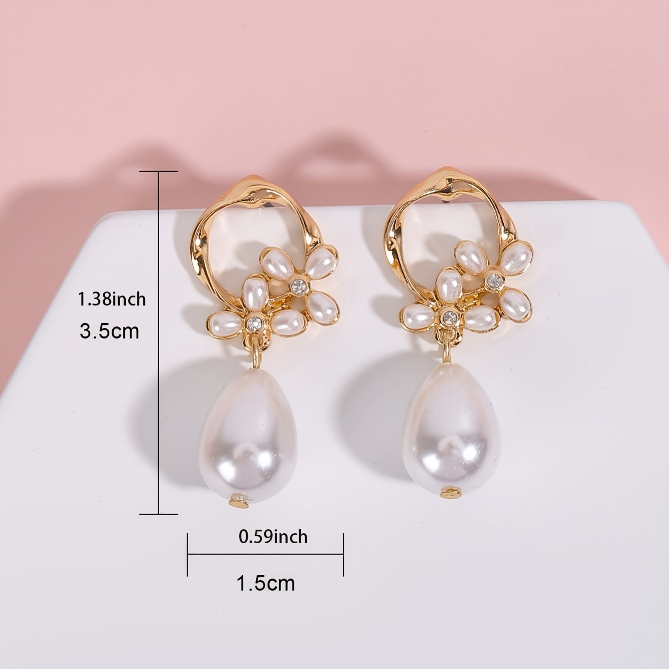Vintage Flower & Faux Pearl Earrings 14K Plated Rhinestones 1 Pair
