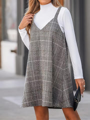  Plaid Print V Neck Mini Overall Dress
