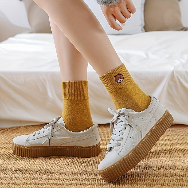 10 Pairs Cartoon Bear Print Breathable Mid Tube Socks Women's Stockings