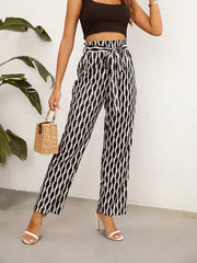  Geometric & Striped Print High Rise Wide Leg Pants With Belt