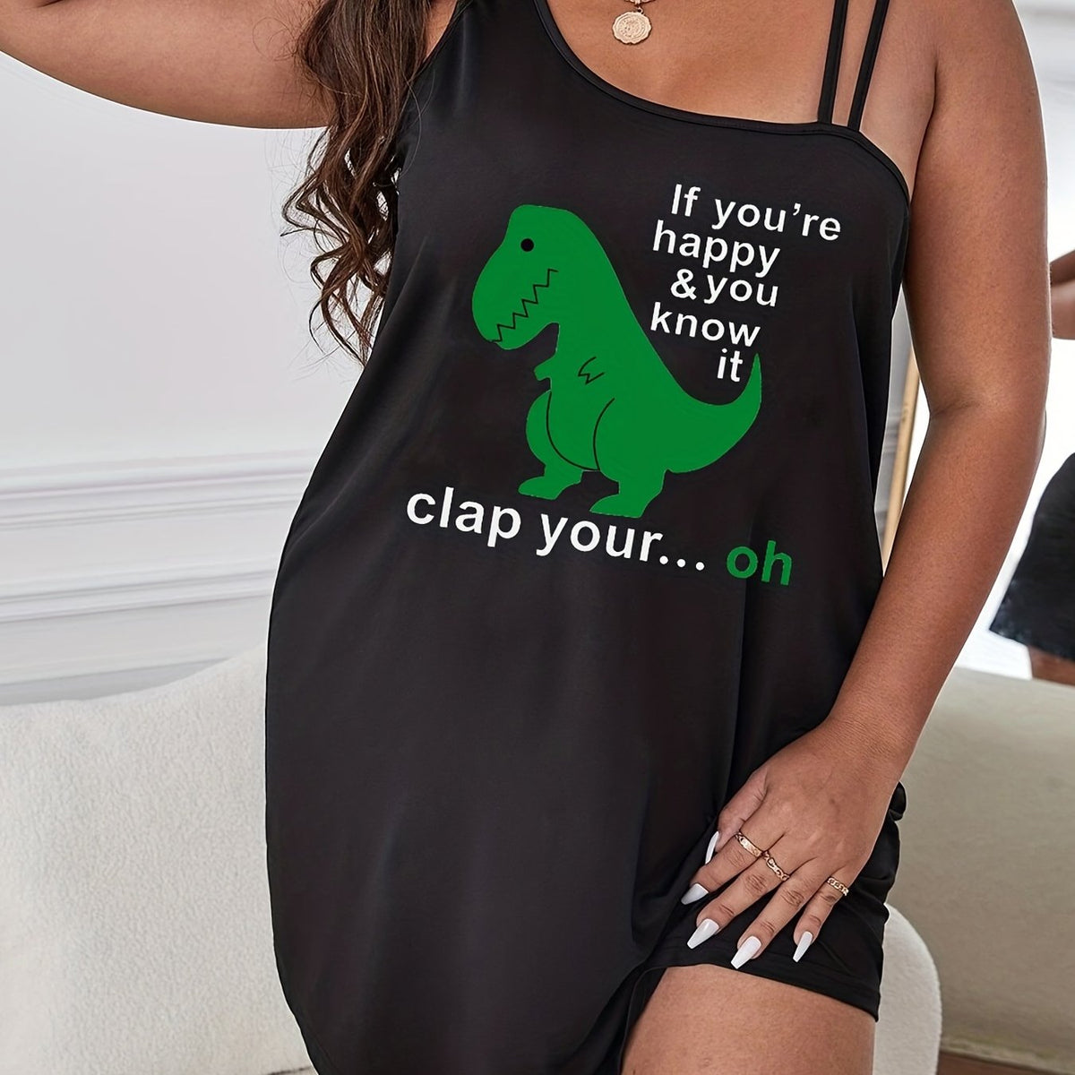  Dinosaur & Letter Print Slip Strap Tank Sleep Dress
