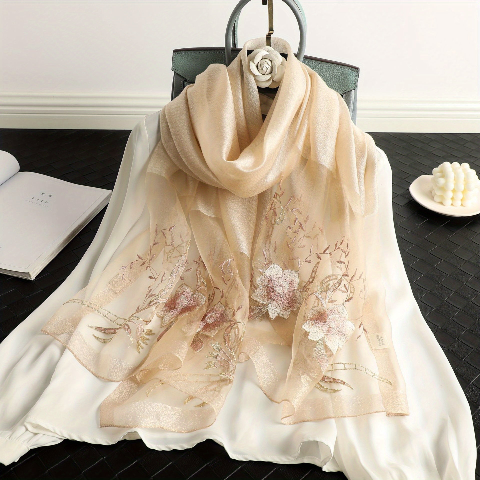 Flower Embroidery Silk Blend Scarf Solid Shawl Breathable Windproof Head Wrap