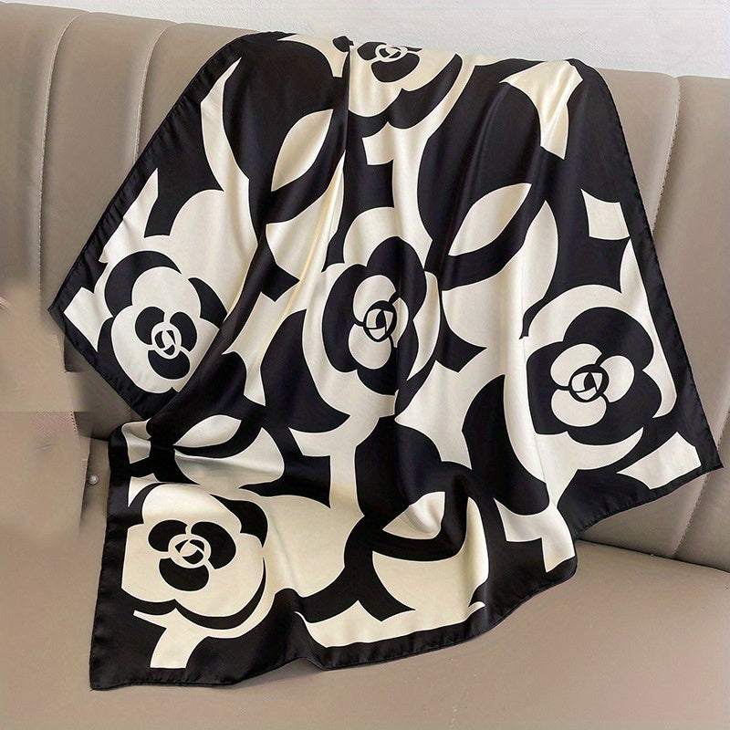 Camellia Print Square Scarf Satin Bandana Casual Shawl