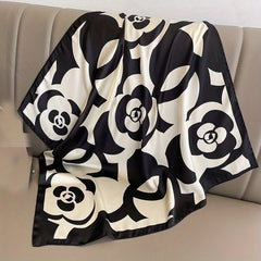 Camellia Print Square Scarf Satin Bandana Casual Shawl