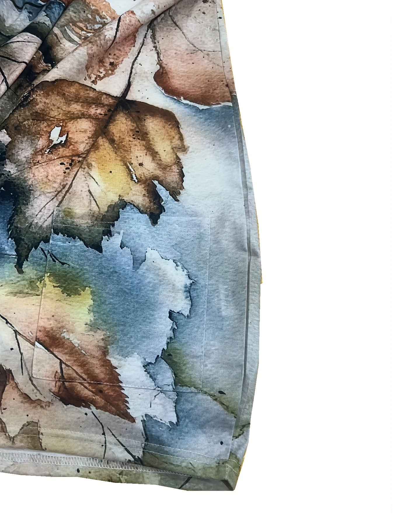  Leaf Print Long Sleeve Round Neck Mini Dress