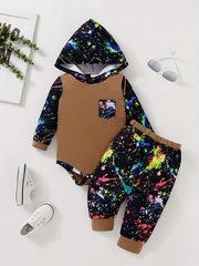 Baby Boy's Graffiti Print Triangle Hoodie Romper & Pants