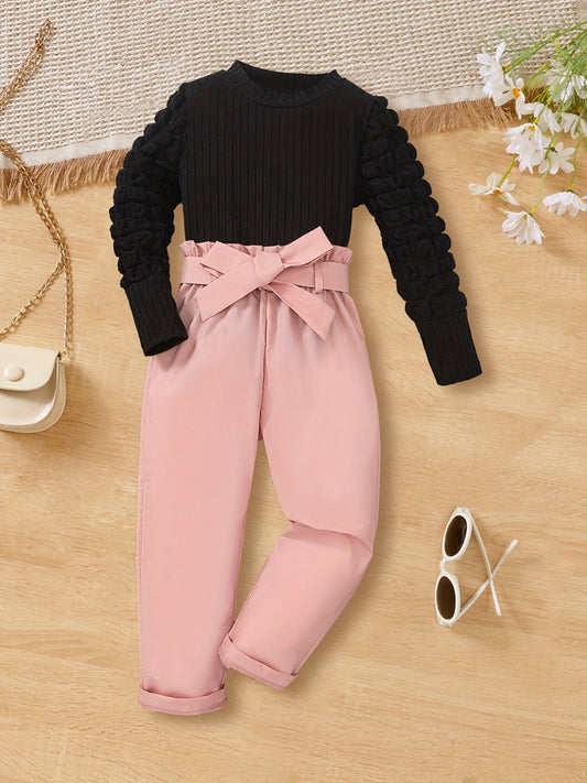 Girl's Ribbed Long Sleeve Top & Belted Pants Set - Casual Outfits