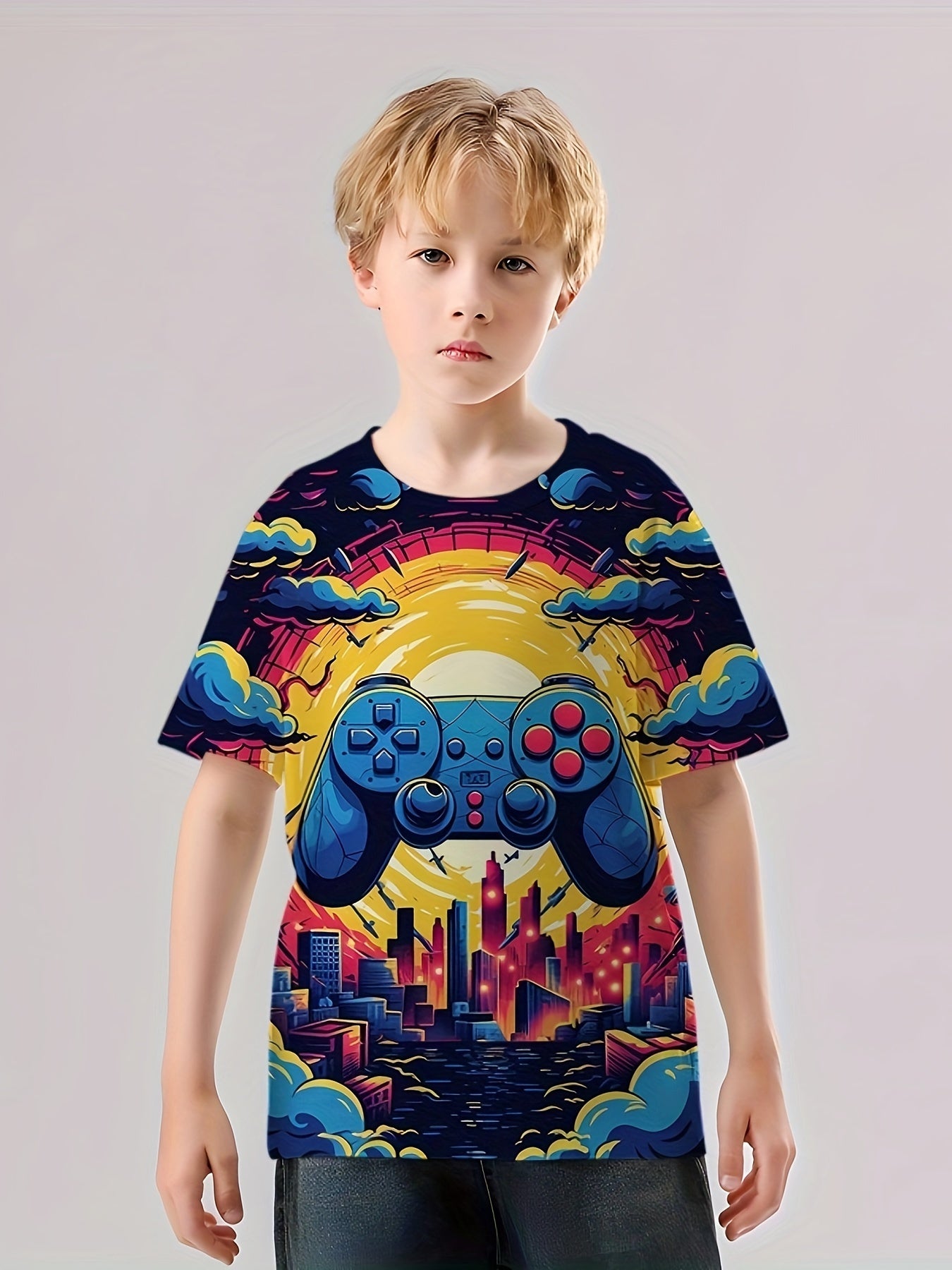 Game Console Pattern T Shirt for Kids Street Style Short Sleeve Top