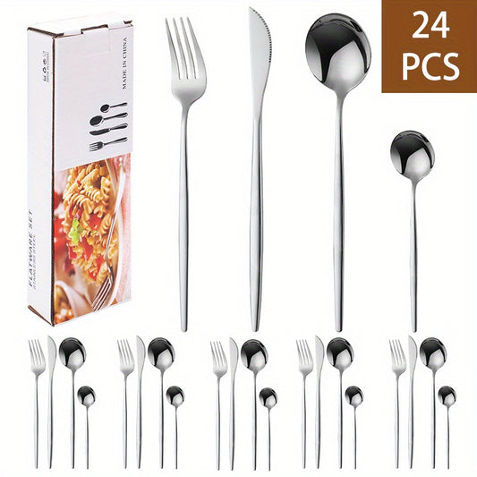 24pcs Stainless Steel Cutlery Set Thin Portuguese Steak Fork Spoon Plated