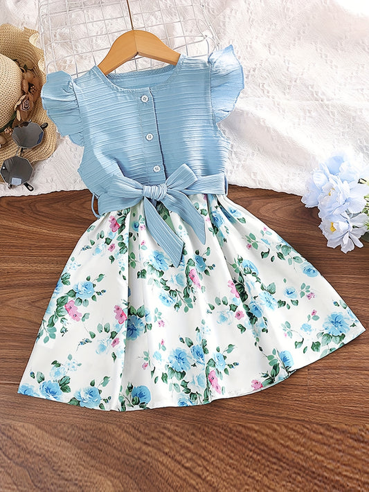 Girls Floral Print Ruffle Sleeve Dress with Belt