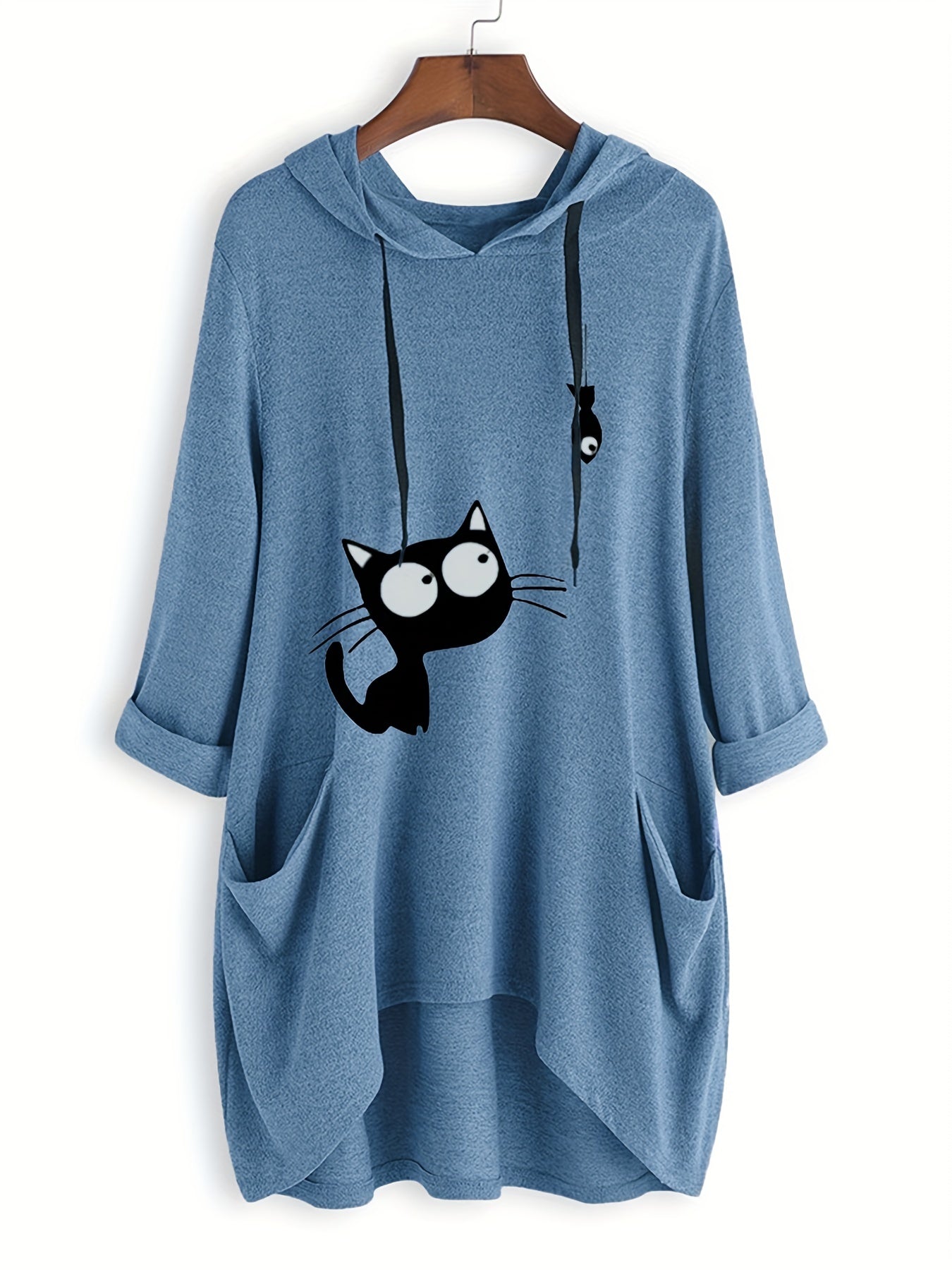 Cat Print Drawstring Hoodie Casual Long Sleeve Sweatshirt