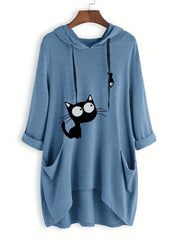 Cat Print Drawstring Hoodie Casual Long Sleeve Sweatshirt