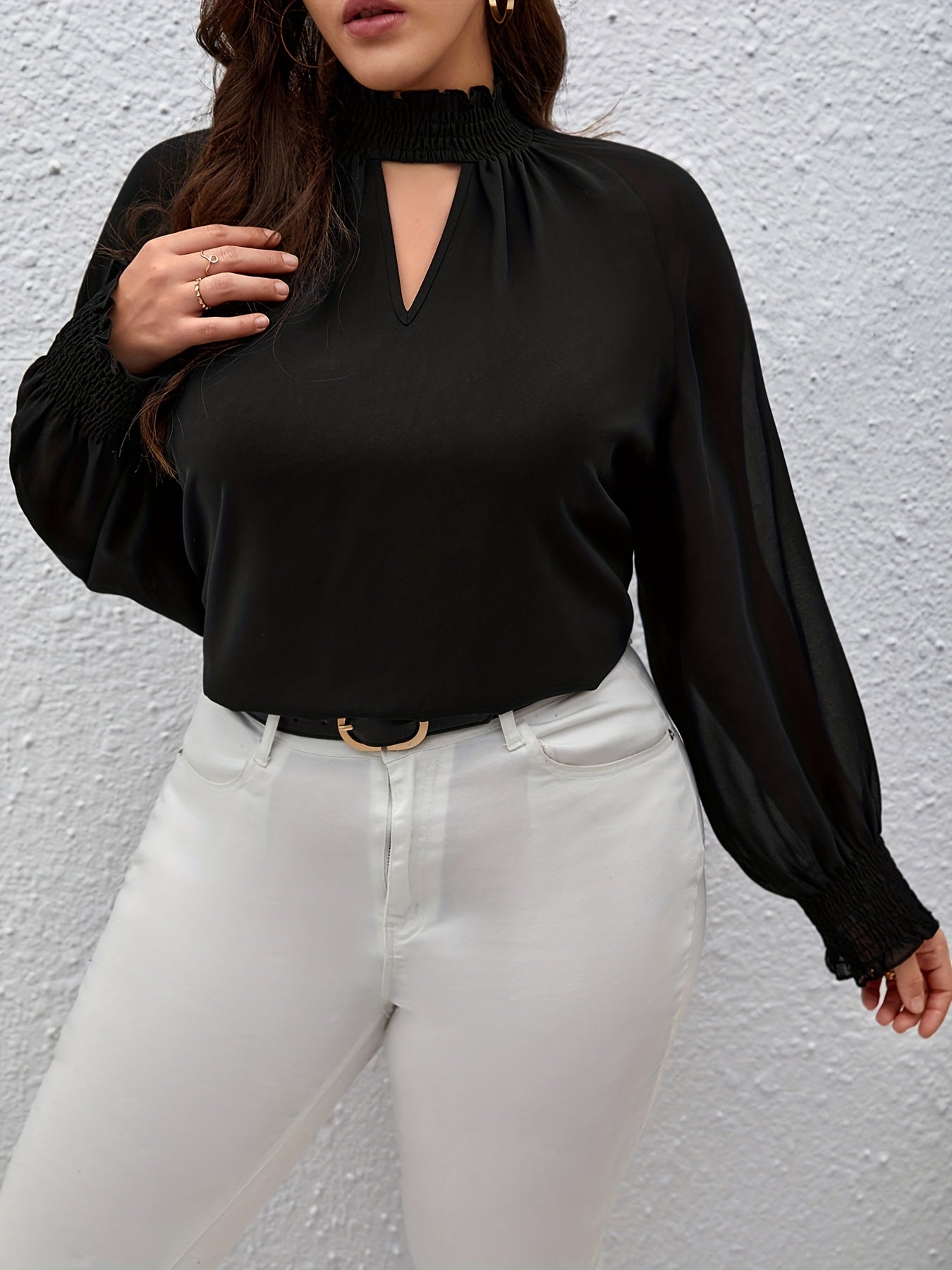  Solid Lantern Sleeve High Neck Blouse