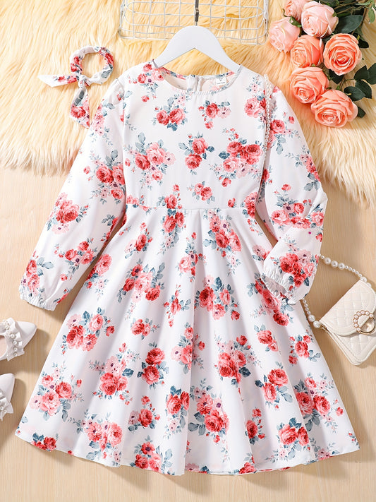 Girls' Floral Round Neck A-line Long Sleeve Dress